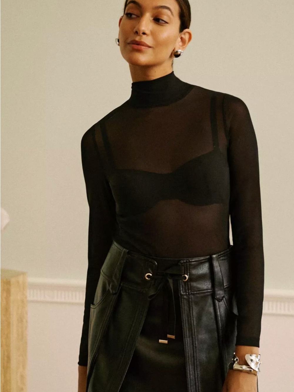 Anthropologie Black Long-Sleeve Mesh Mock Neck Top